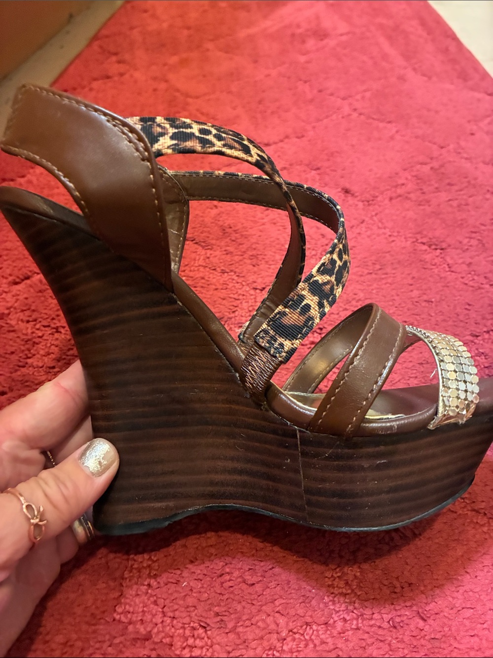 bebe Brown Leopard Print Strappy Heels with Gold Accents